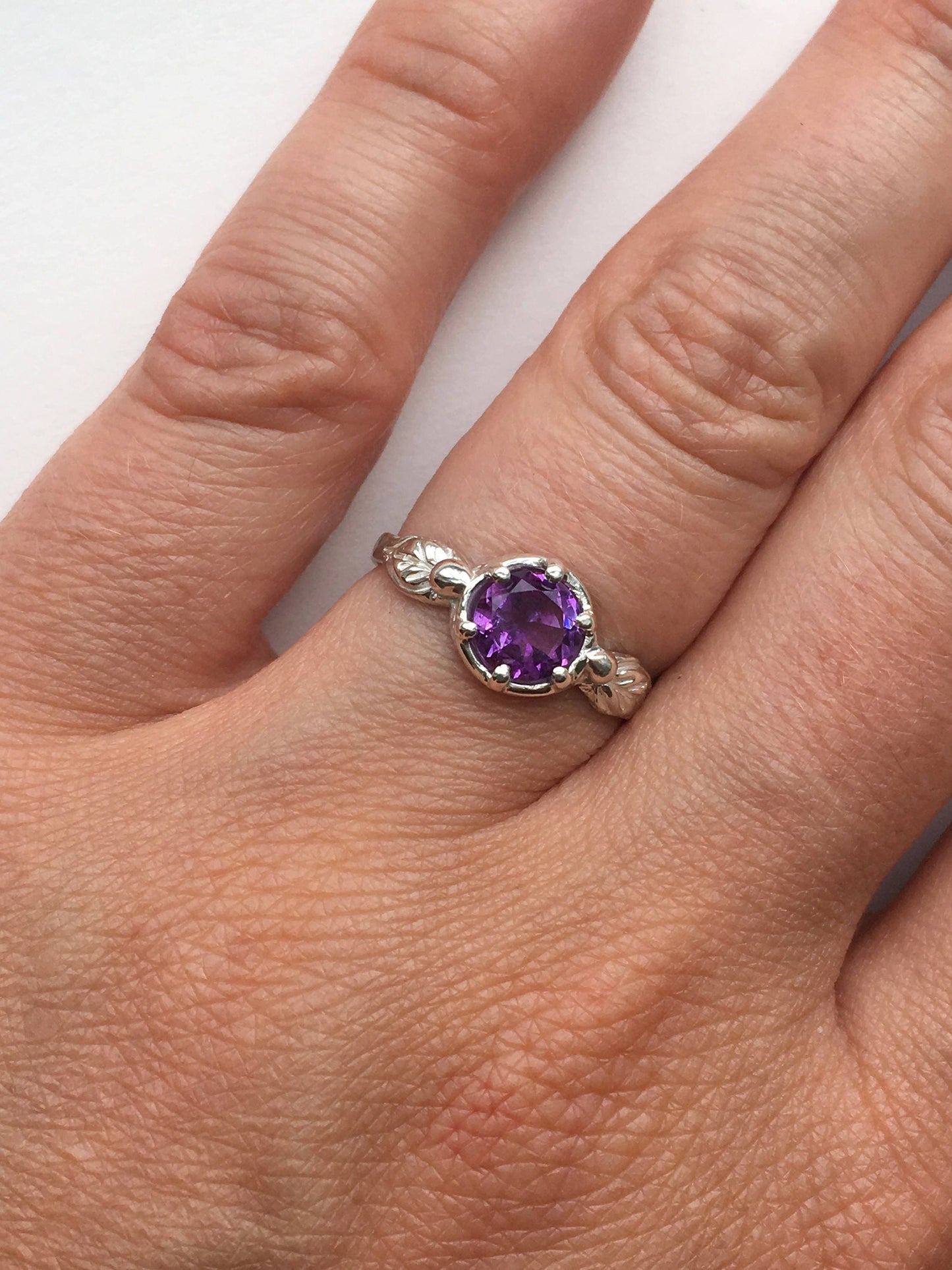 Silver Leaves Amethyst Ring