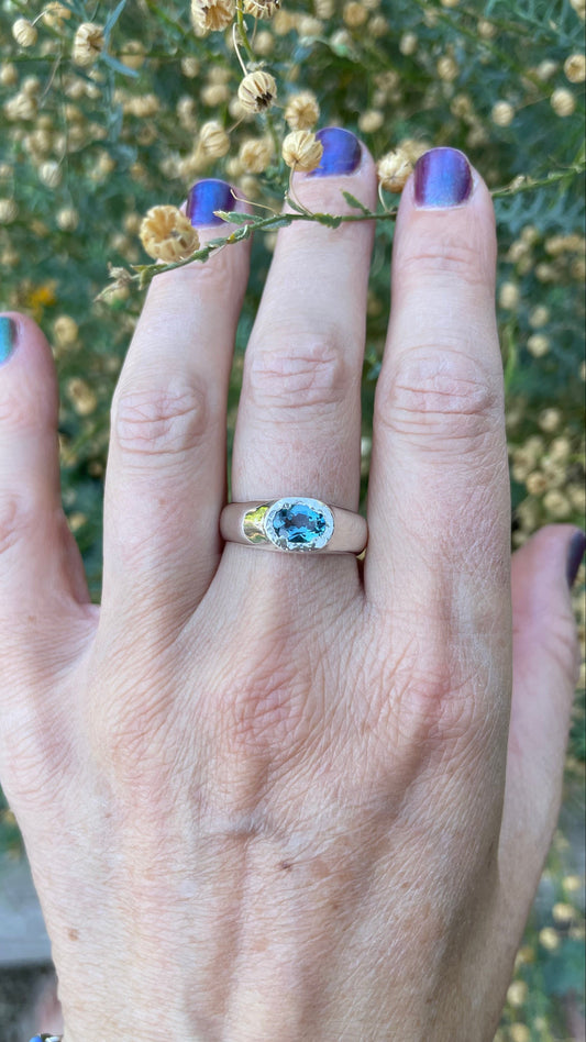 A close-up of a hand wearing a silver ring with a round blue gemstone, set against a blurred background of green foliage and small yellow flowers.
