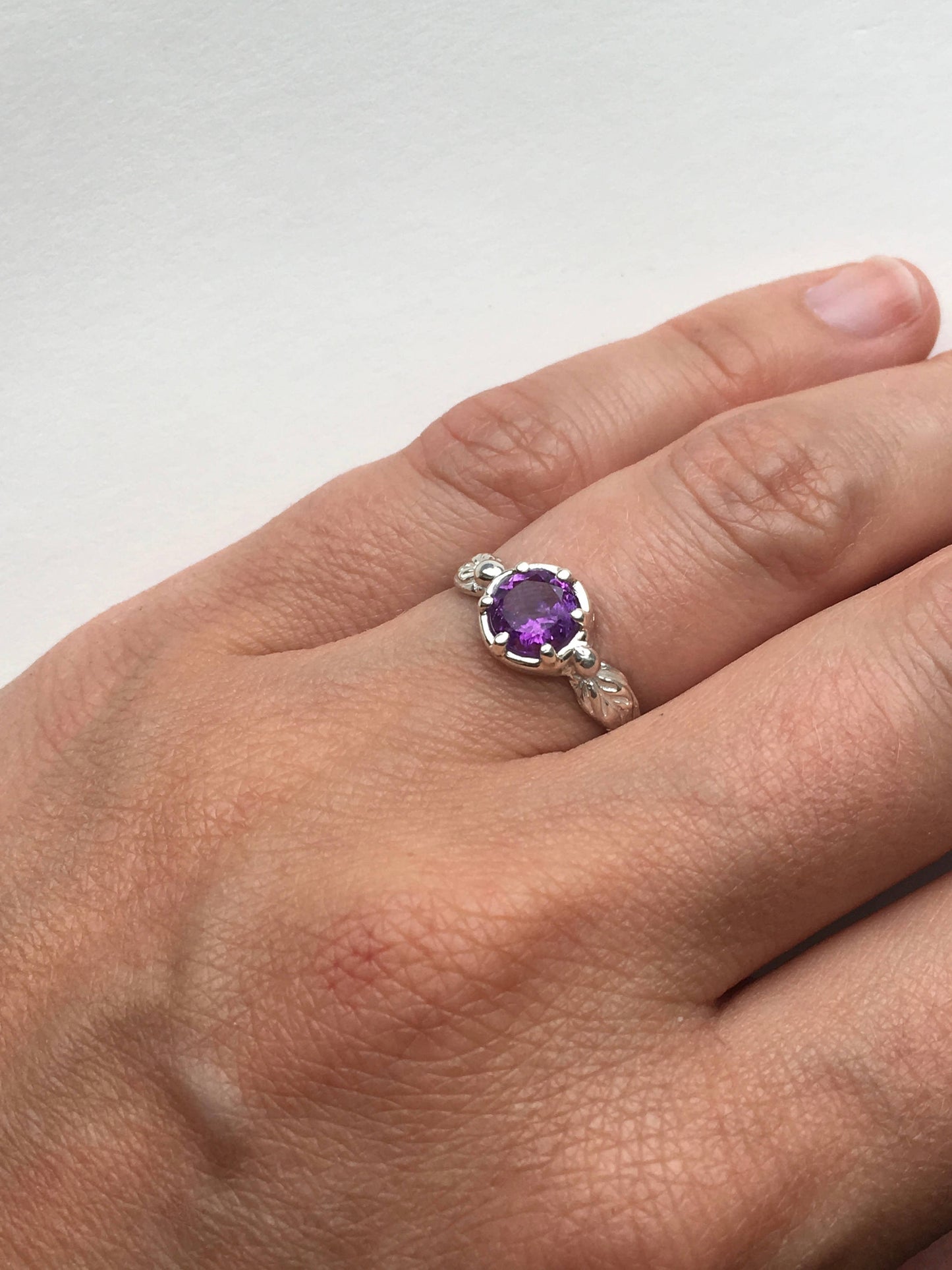 Silver Leaves Amethyst Ring