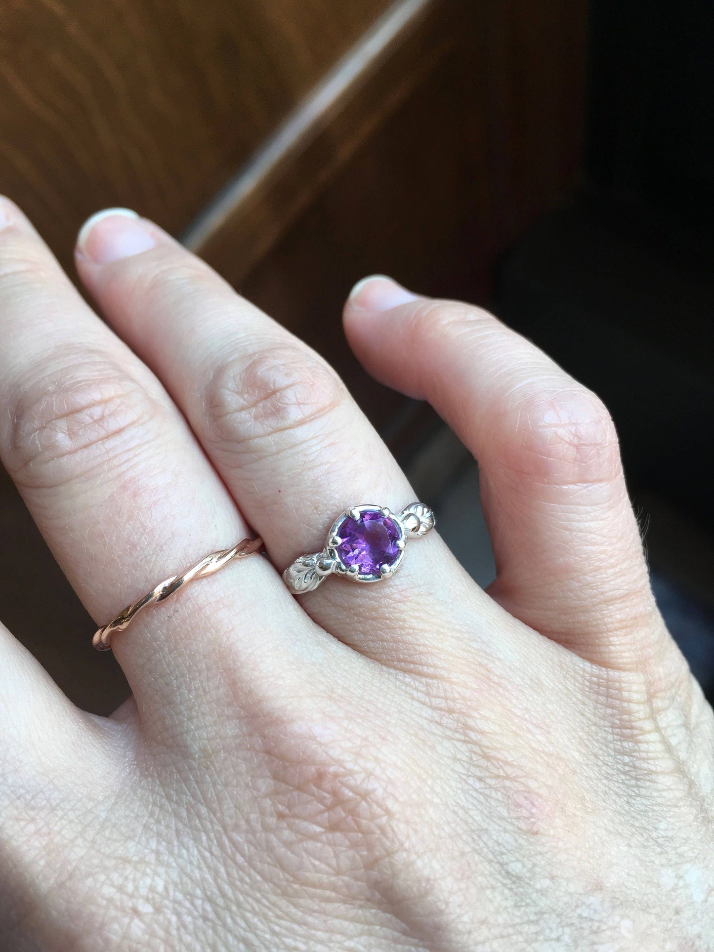 Silver Leaves Amethyst Ring